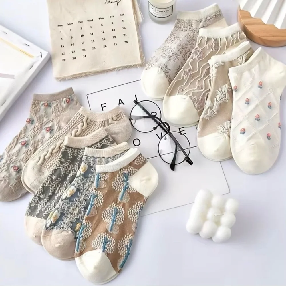 New  9 Pairs of Women'S Summer Embroidered Flower Crew Socks Breathable Hosiery